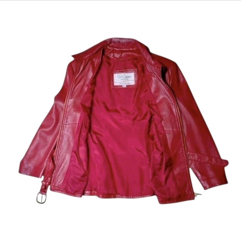 Vintage 1970s Red Leather Moto Jacket Belted Women’s Small Petite | Di Capra Int - Picture 3 of 16